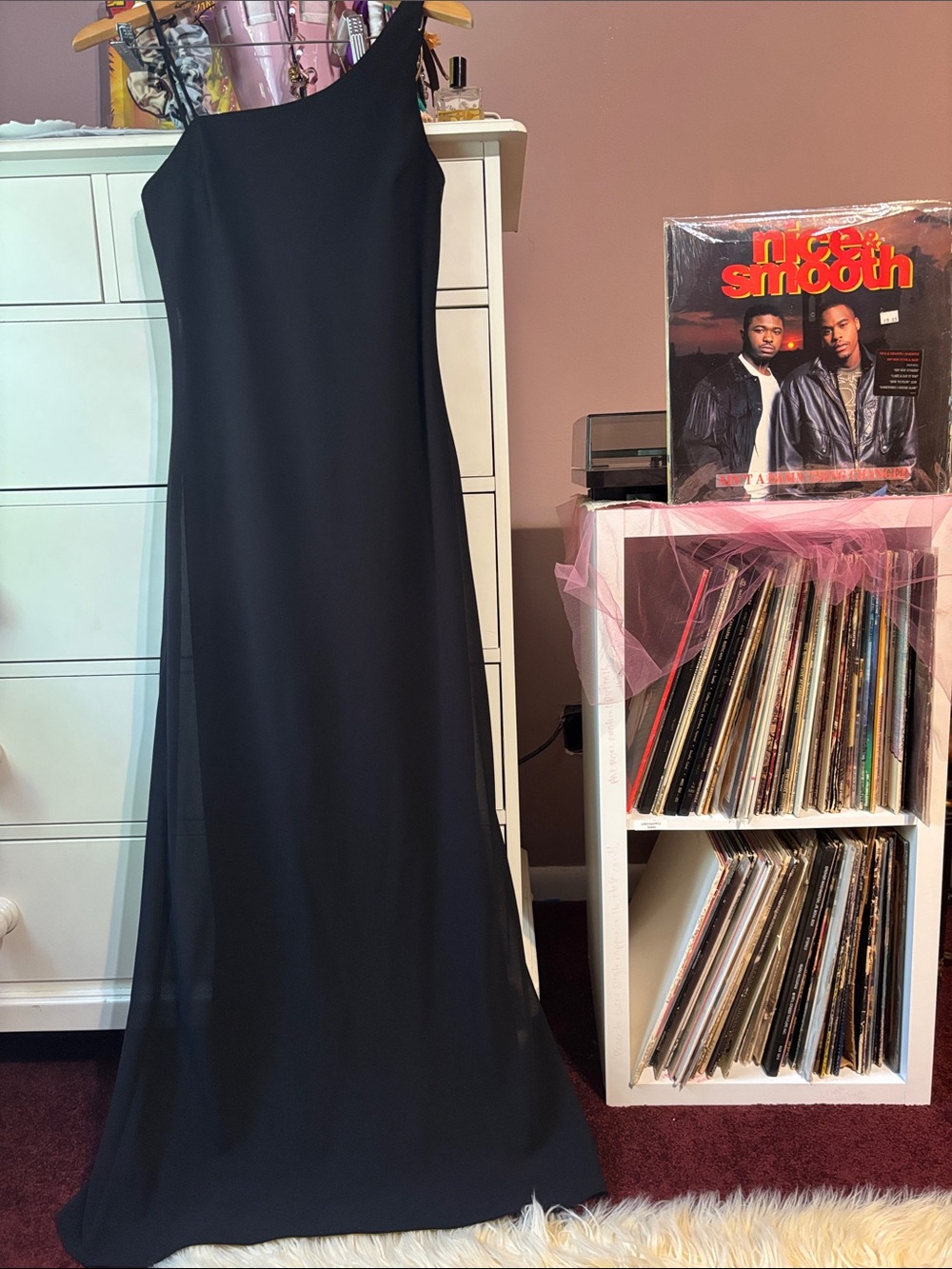Vintage 90’s Minimalist Classic LBD Black Long Maxi Gown Dress Asymmetrical Bias